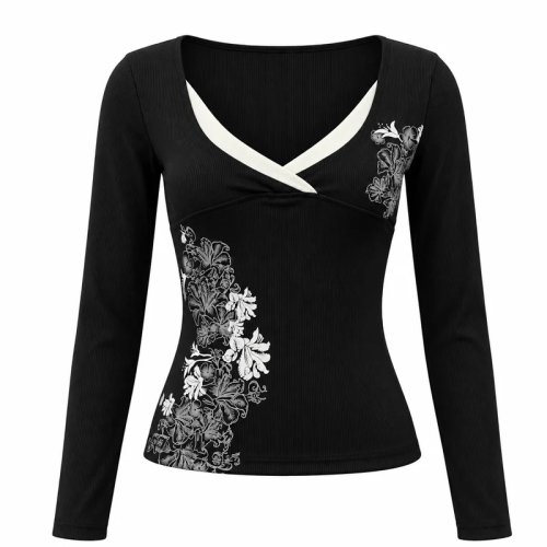 Dames Winter Coquette Lang Mouw T-shirt Vintage Bloemenprint Wickel V-hals Contrastbies Geribd Streetwear Top