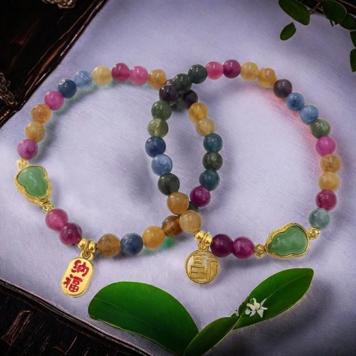 Bransoletka z Naturalnego Jadeitu w Kształcie Dyni, Koraliki z Chalcedonu, Rzeźbiony Amulet Szczęścia, Biżuteria Prezent dla Kobiet i Dziewcząt