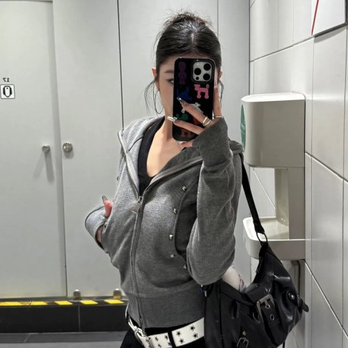 HOUZHOU 여성 Y2K 스터드 집업 후드티 하라주쿠 무지 슬림 크롭 맨투맨 가을 겨울 긴팔 포켓 자켓