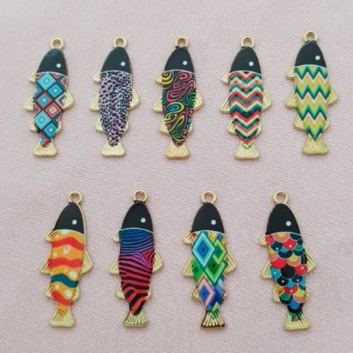 12 peças pingentes de peixe esmaltados ouro KC para DIY joias - Pingentes animais multicoloridos
