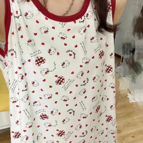 Camicia da notte per ragazze Sanrio Hello Kitty, pigiama anime dolce, abbigliamento da casa casual senza maniche ampia