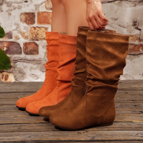 Botas de Mulher 2024 Novas - Até ao Joelho, Plissadas, Salto Baixo, Casual, Couro, Preto/Branco