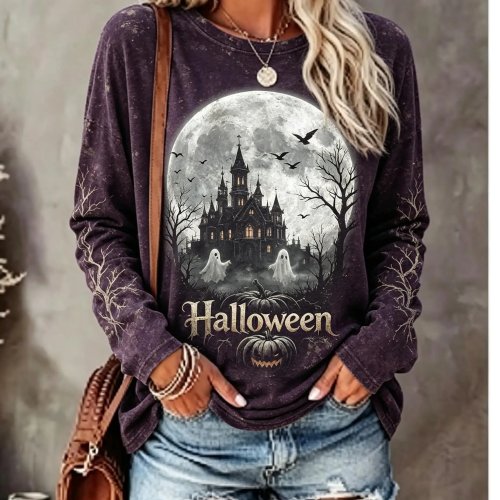 Dames Halloween Langarm T-shirt Volle Maan Spookkasteel Vleermuis Roos Gothic Print Crew Neck Top