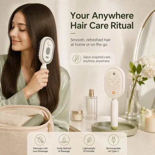 Lược Massage Điện 2in1 với Chức Năng Xịt Dưỡng Ẩm – Giảm Xơ Rối, Chống Tĩnh Điện, Tự Làm Sạch