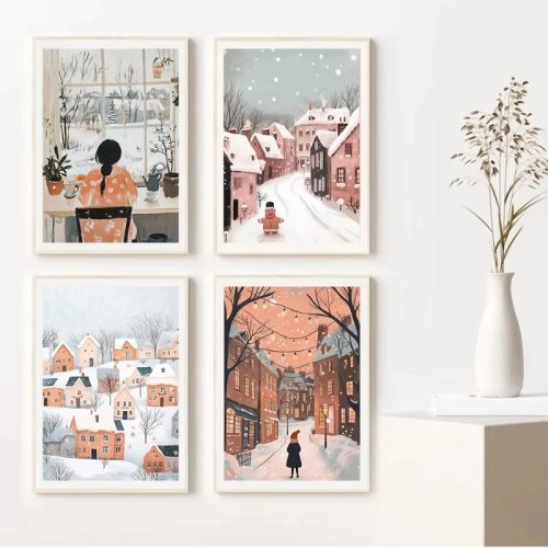 Póster de pueblo invernal animado y cálido Clásico Santa Claus Escena de nieve Lienzo Decorativo para Hogar Restaurante