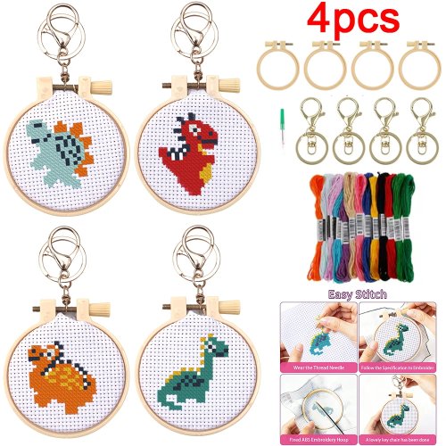 자수 초보자 키트 4Pcs DIY 크로스 스티치 공룡 자수 스타터 키트 후프, 바늘, 실 꿰기 도구 포함 어린이용