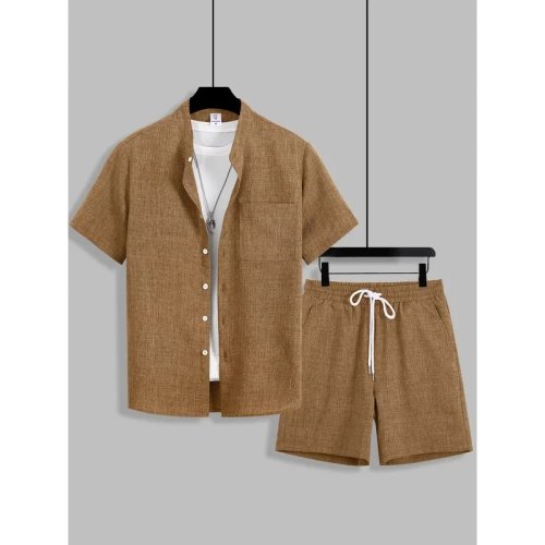 Men's Summer Cotton Linen Stand Collar Short Sleeve Shirt & Shorts Casual Set - Loose Breathable Two-Piece Outfit