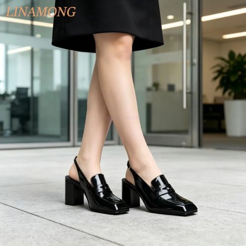 Women's Square Toe Patent Leather Slingback Block Heel Loafers, Slip-On Retro Office Shoes