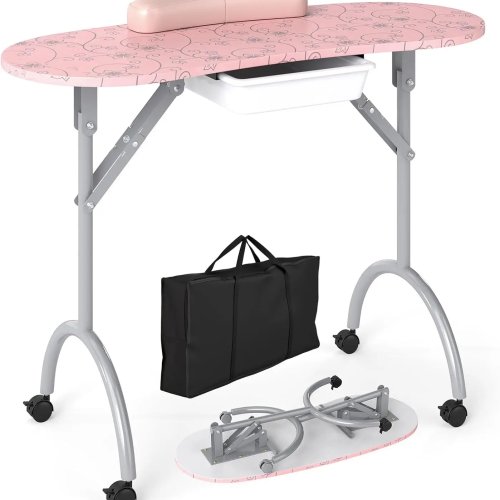 Foldable Nail Table with Drawer & Wrist Rest, Portable Manicure Station with Lockable Casters & Carry Bag, Mobile Nail Table