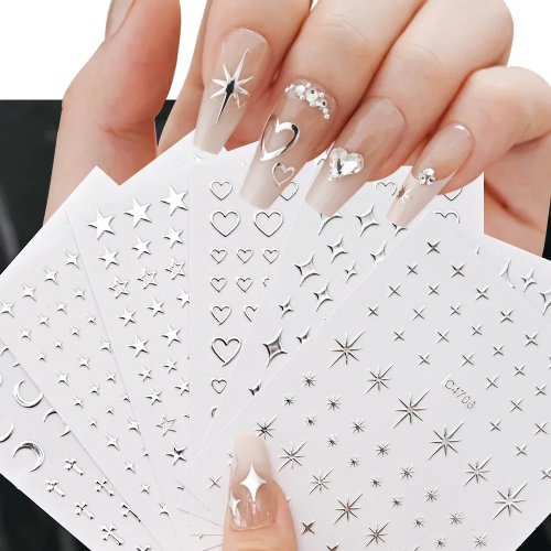 Metallic Silver 3D Star Nail Art Stickers - Self-Adhesive Decals with Chain & Heart