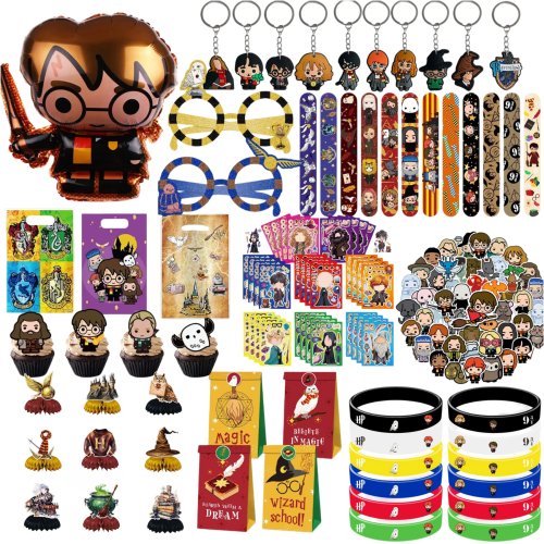 Set Dekorasi Pesta Ulang Tahun Anak Magicss Kartun Tema Akademi - Stiker Wajah, Kantong Hadiah, Gelang Slap & Perlengkapan Pesta