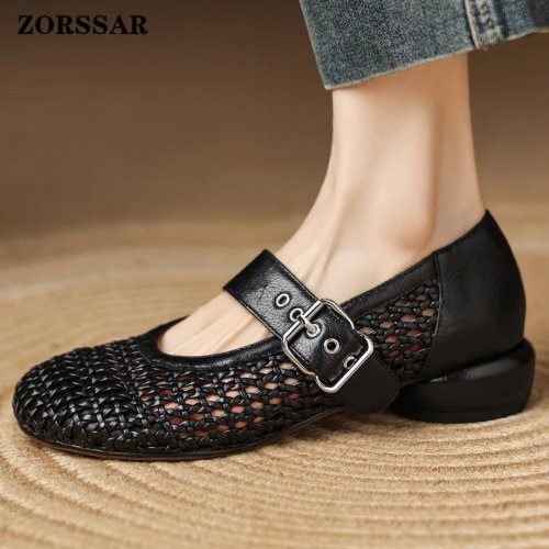 Women's Braided Sheepskin & PU Patchwork Mary Jane Sandals – Round Toe Metal Buckle Hollow-Out Breathable Summer Shoes with 4cm Chunky Mid Heel