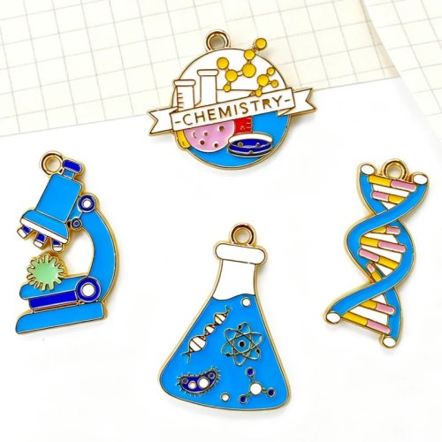 10 Stück Wissenschafts-Schlüsselanhänger Anhänger aus Legierung - Chemie Experiment Mikroskop DNA Schmuck Accessoires