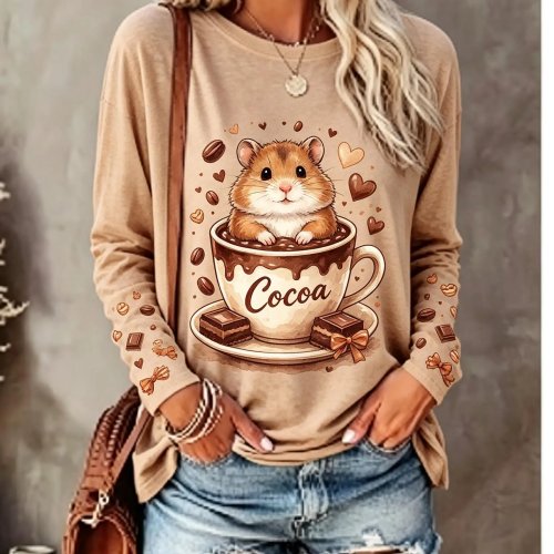 Women's Long Sleeve T-Shirt Cute Pomeranian in Teacup Macaron Print Crew Neck Casual Fall Top