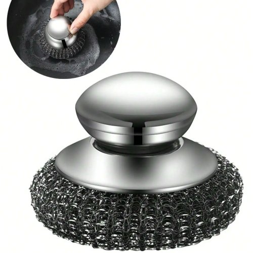 1/2 Pcs Stainless Steel Pot Brush with Handle, Heavy Duty Dish Scrubber & Scouring Pad, Steel Wool Cleaning Brush for Pots, Pans, Grill, Sink