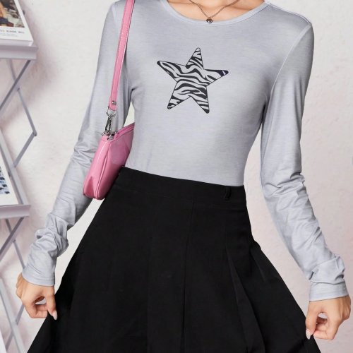 Women's Cute Star Print Long-Sleeve T-Shirt Fall Basic White Slim Fit Top