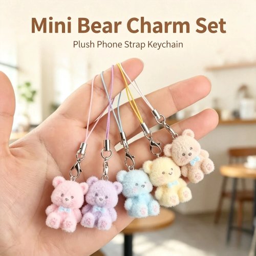 Adorable Resin Bear Keychain (Flocked 3D) – Phone Charm & Bag Accessory Gift