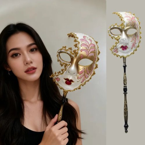 Le Cool Handheld Half-Face Mask with Handle for Christmas, Halloween, Carnival, Masquerade Party