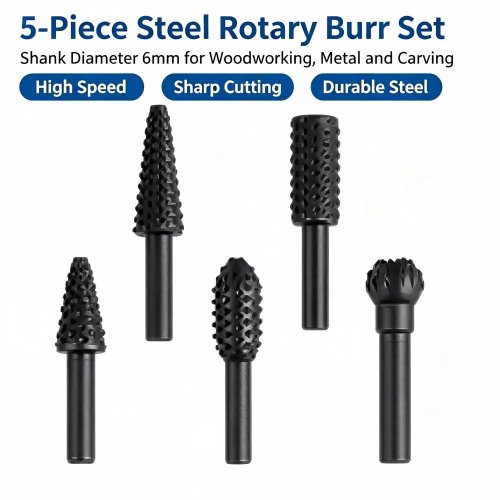 5-Piece Steel Rotary Burr Rasp Set, 1/4" Shank, Wood Carving Grinding Polishing Bits for DIY Power Tools