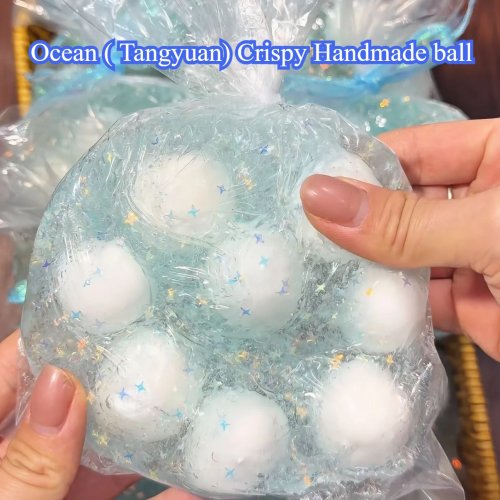 Ocean Crispy Tangyuan 手作りスクイーズ玩具 クランチ音付き - 大人向けフィジェットストレス解消おもちゃ、リラックスギフト