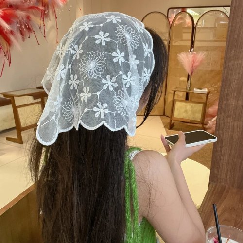레이스 헤어 스카프 여성용 프렌치 레트로 삼각 헤드스카프 화이트 메쉬 레이스 플라워 헤어밴드 여행 헤어밴드 헤어 액세서리
