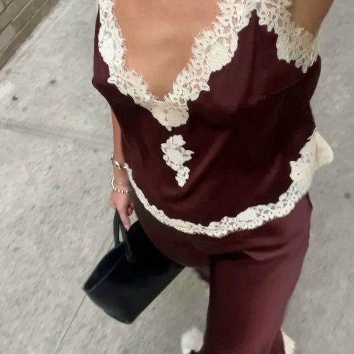 Lace Embroidery Women Silk Set V-Neck Sleeveless Camisole Top + High Waist A-Line Midi Skirt Elegant Suits