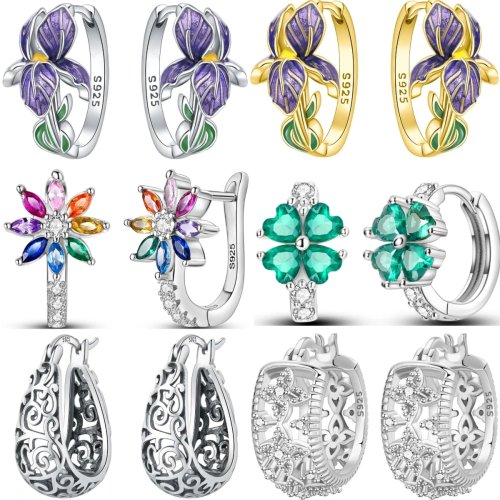CYCUFF 925 Sterlingsilber Creolen Hypoallergen Lila Blumen Serie Ohrringe Schmuck für Damen Feine Hochzeit Party Geschenke