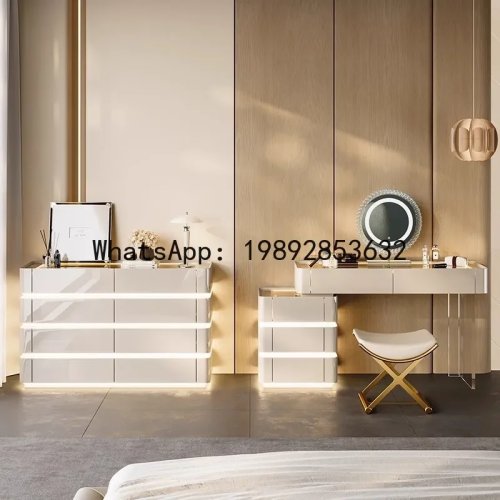 H5.18 원목 래커 화장대 & 서랍장 세트, 강화유리와 조명 포함, 침실 메이크업용