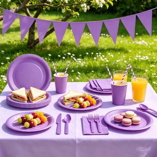 パープルパーティー食器セット、誕生日やフェスティバルのパーティー装飾とテーブルコーディネート