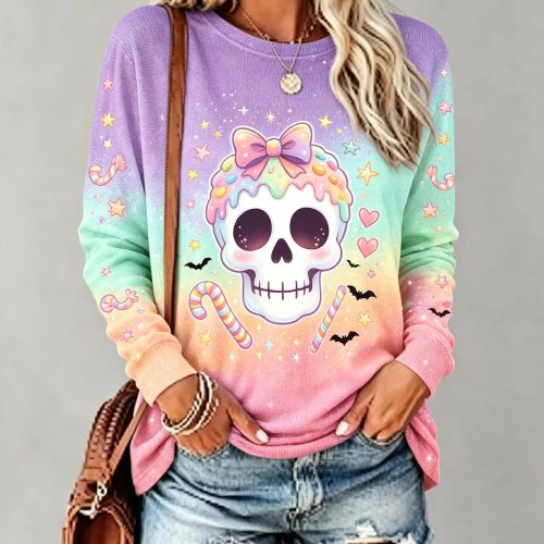 Camiseta Manga Larga Mujer Halloween Estampado Pastel Calavera Lazo Bastón Murciélago Cuello Redondo