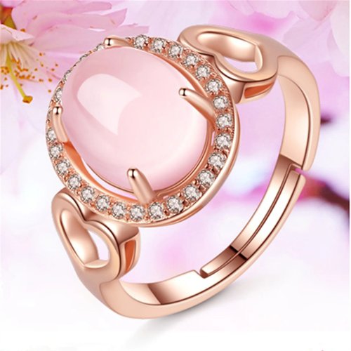 Anillo de Jade Natural Rosa - Lujo Chapado en Oro Rosa Diseñador Charm, Amuleto Vintage Joyería Regalo para Mujer