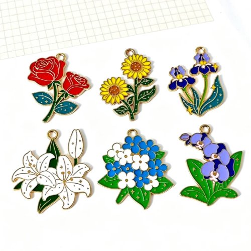 10개 식물 꽃 펜던트 DIY 드립 오일 합금 액세서리 키체인 목걸이 장미 해바라기 꽃다발 녹색 식물