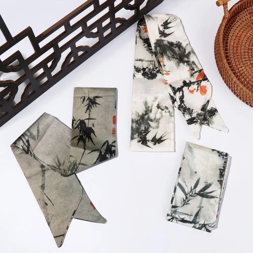 Elegant Silk Scarf with Ink Painting, Minimalist Long Ribbon, Headband, Hair Band & Neckerchief for Women