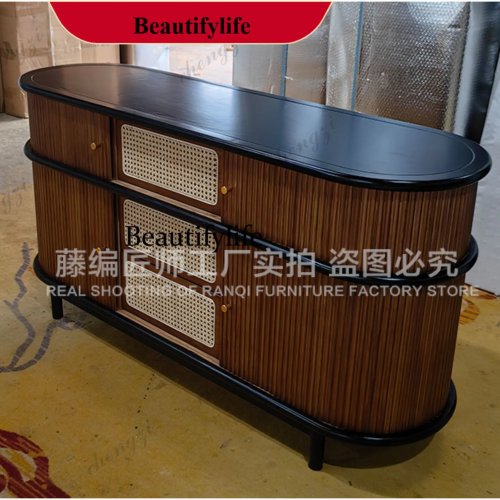 P182 Sideboard Makan Kayu Solid Rotan Gaya Nordik, Lemari Penyimpanan Retro Jepang dengan Pintu Roller untuk Apartemen Kecil & Foyer