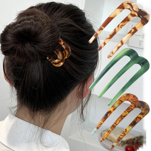 Acetate Hair Fork 3 Teeth U-Shape Hair Stick Bun Hairpin for Women Girls Hair Styling Accessory