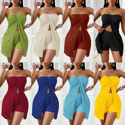 Top Crop de Mujer de Verano Sin Mangas Color Sólido Espalda Abierta Detalle Twist Frontal Fruncido en Busto Bandeau Plisado