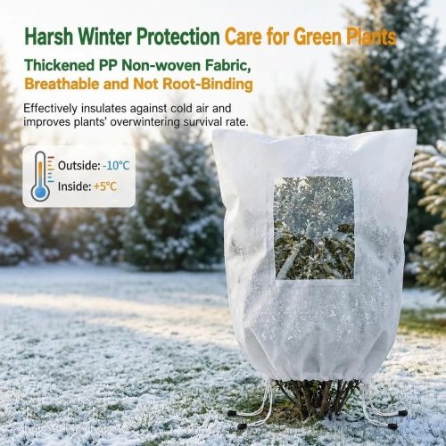 Non-Woven Plant Winter Protection Cover with Clear Window, Windproof Freeze Protection Jacket with Drawstring & Zipper