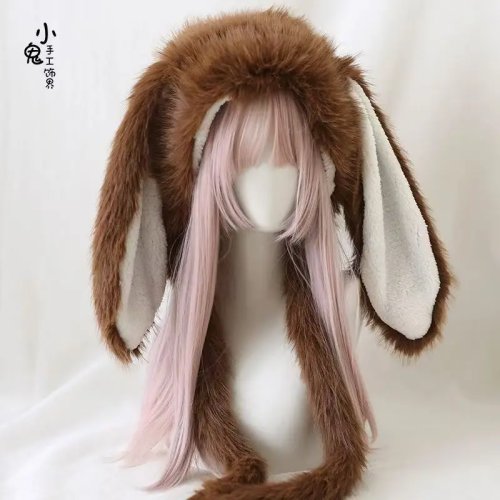 Lolita Subkultur Lange Flauschige Hasenohren Wintermütze - Plüsch Trapper-Mütze für Damen