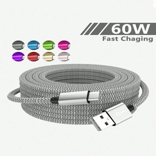 สาย USB-A เป็น USB-C ถักไนลอน ชาร์จเร็วสำหรับ iPhone 15, Samsung Galaxy S22, Huawei และสมาร์ทโฟน Android