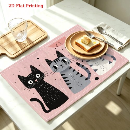 Cute Cat Design Linen Placemat 30x40cm - Kitchen Table Mat for Dishes and Cups (1 Pack)