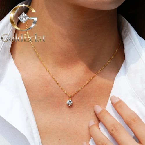 GoldEclat 18K Real Gold Moissanite Pendant Necklace, Luxury Women's Four Prong Clavicle Chain