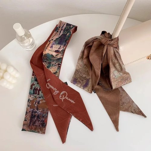 Dunhuang Style Long Satin Scarf Multi-functional: Hair Tie, Bag Strap, Vintage Neck Scarf for Daily Outings & Parties