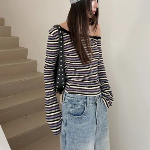 Y2K Stripe Knitted T-Shirt Women Vintage Grunge Streetwear Slim Fit Tee Harajuku