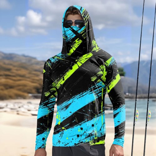 Heren UPF50+ Zonbescherming Hoodie voor Vissen met Gezichtsmasker, Graffiti Print, Sneldrogend, Lange Mouwen, Anti-UV, Outdoor Wandel Sportshirt