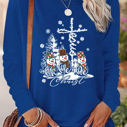 Sudadera Navideña Cristiana para Mujer Azul Rey con Copo de Nieve, Cruz y Muñeco de Nieve, Manga Larga, Cuello Redondo, Pullover Casual, Top de Invierno