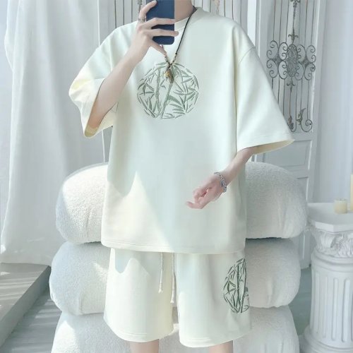 Set bộ đôi nam plus size phong cách Trung Hoa casual, outfit hè rộng rãi trendy với tay ngắn và quần short
