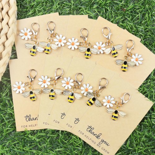 Llavero con forma de abeja y crisantemo, 5/10 unidades, incluye tarjeta de agradecimiento. Perfecto como accesorio para mochila.