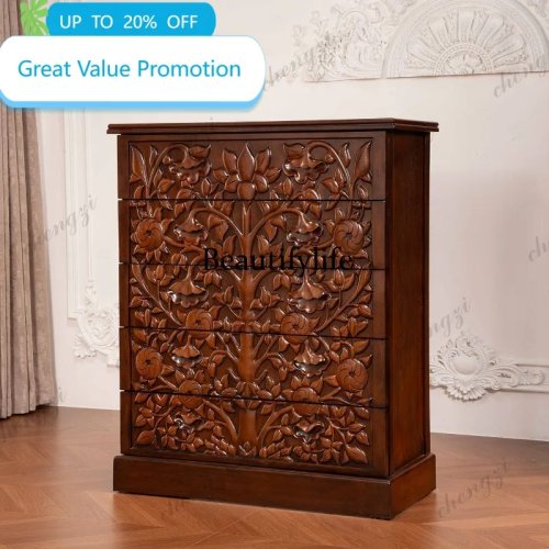 M178 Thai Solid Wood Wall Cabinet, American Retro Carved Storage Chest, Large Capacity