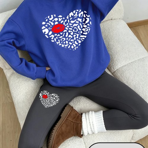 Zestaw Dla Kobiet Bluza Fleecy i Legginsy - Nadruk Czerwone Usta i Love, Okrągły Dekolt, Ciepły, Jesień, Koreański, Sportowy