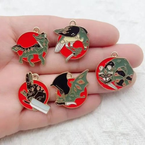 10 piezas Colgantes de Animales de Dibujos Animados Gota de Aceite - Pájaro Murciélago Conejo Zorro para DIY Collar Pendientes Pulsera
